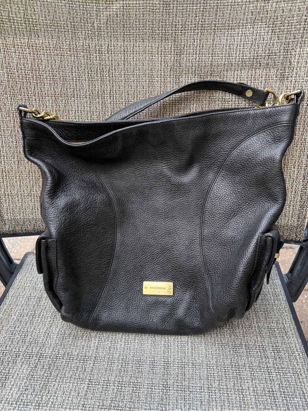 Brahmin Black Pebbled Leather Bag with Gold Hardware